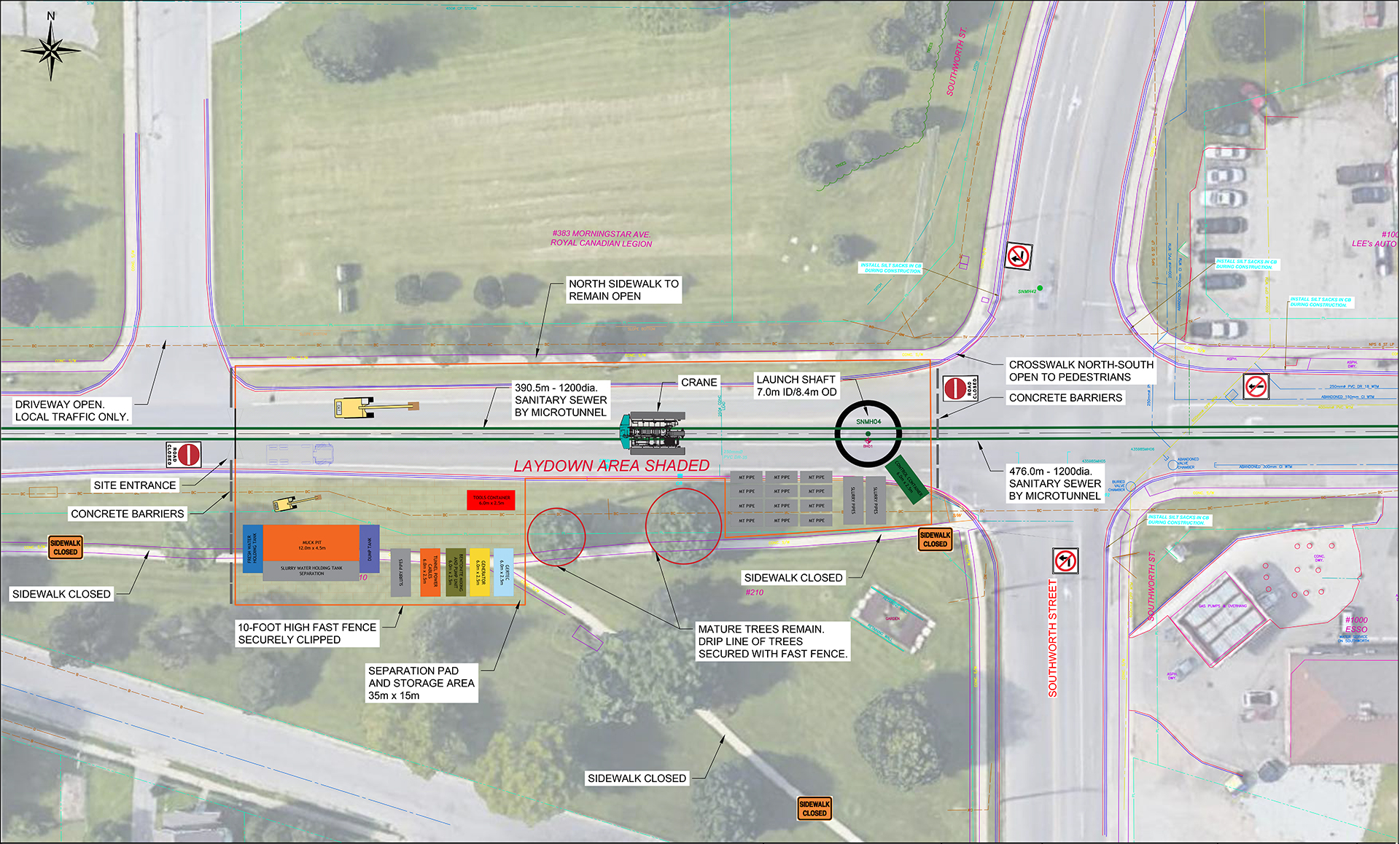 Engineering site plan for sanitary sewer construction at Ontario Road and Southworth Street in Welland. The map shows streets, nearby landmarks like an Esso station and Royal Canadian Legion, and the fenced construction area with a launch shaft, crane, ta